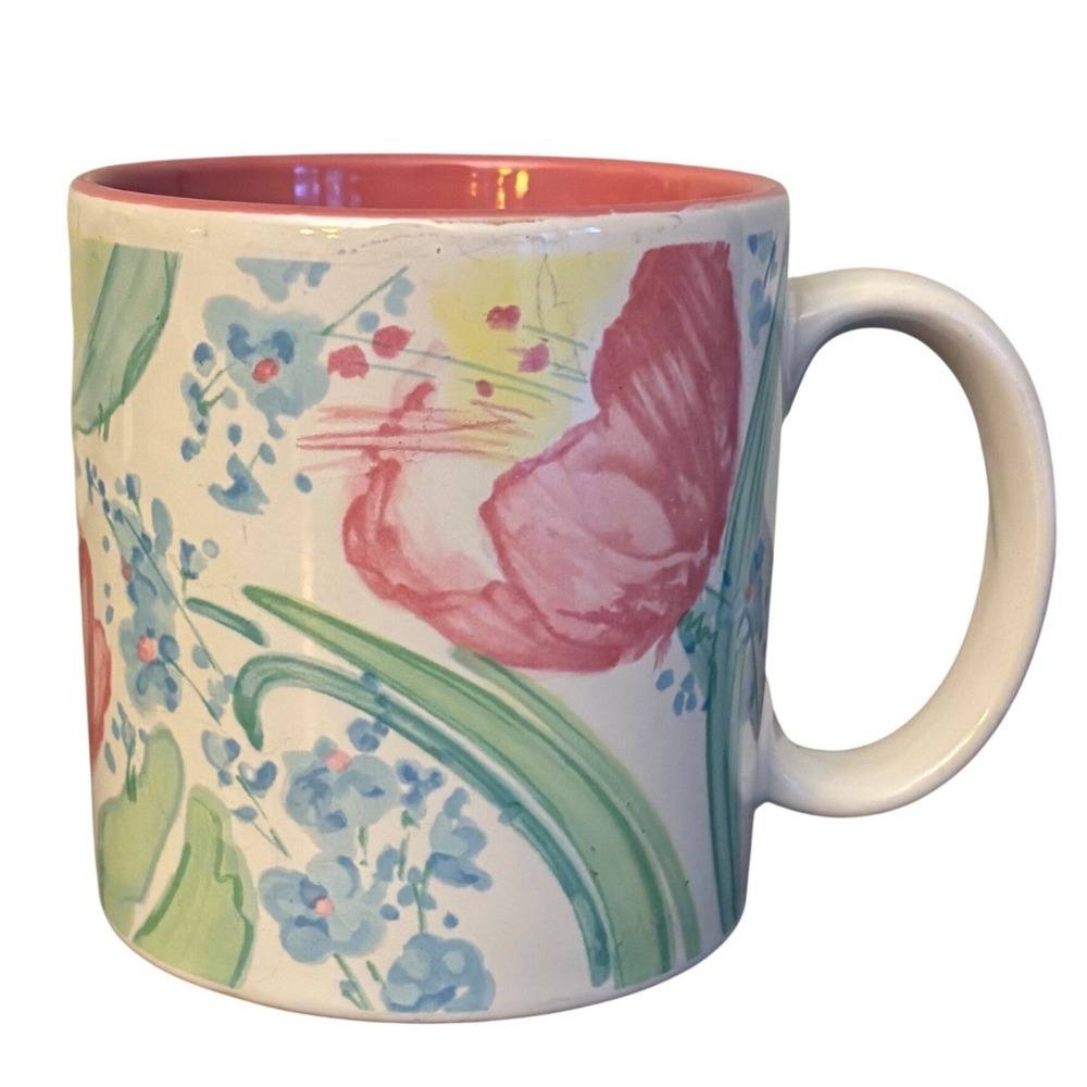 Russ Berrie & Co | Vintage Floral Coffee Mug Pink Tulip Blue Flowers Item 8945